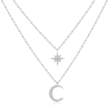 SILBERTALE Geschichtete Halskette 925 Sterling Silber mit Mond Sternen Anhänger Bar Layering-Ketten-Halsband Schmuck für Damen und Mädchen