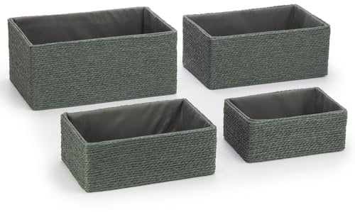 EHC Storage Baskets Set 4, Woven Basket Paper Storage Bin, Storage baskets for Shelves, Boxes for Makeup Closet Bathroom Bedroom Living Room, Dark Green