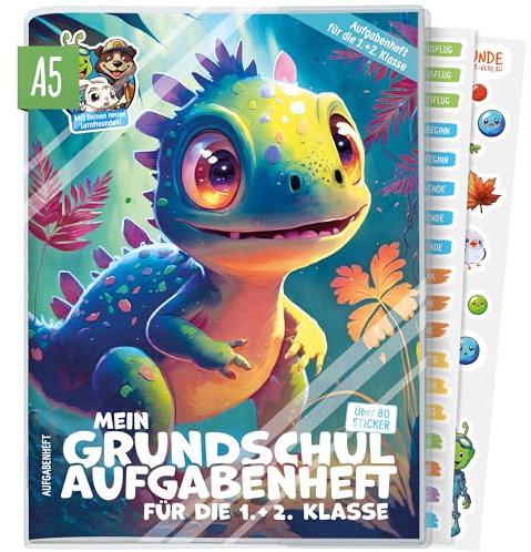 Lernfreunde Hausaufgabenheft Grundschule A5 für die 1. + 2. Klasse ohne Datum mit Hülle, Stickern, Lern- und Denkspielen Kleiner Dino - nachhaltig & klimafreundlich