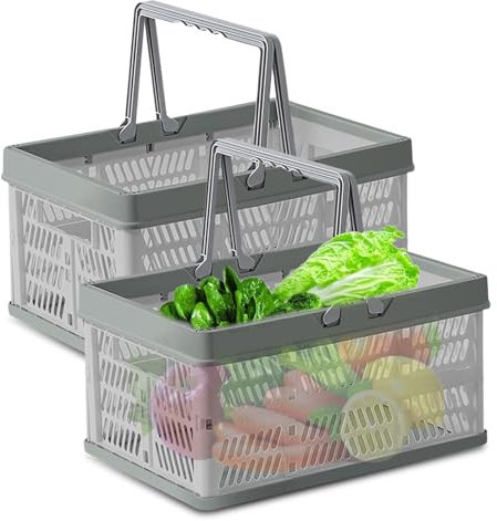 SPORWAY Lot de 2 paniers à provisions : petit panier à provisions avec anse, panier pliant pliable 30 × 20 × 15 cm, panier de transport portable avec anse pour étagère, pique-nique, supermarchés,