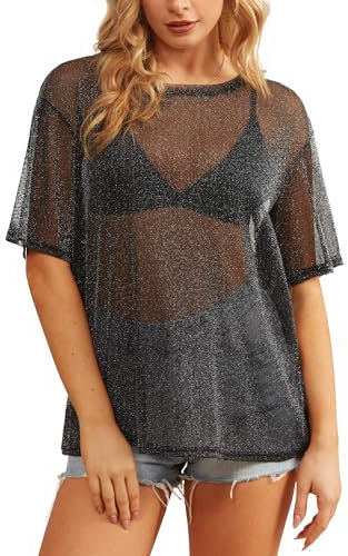 HWOKEFEIYU Women's Summer Short Sleeve Tops See Through Mesh Sheer Sexy T Shirt Blouse, 03star Black, M