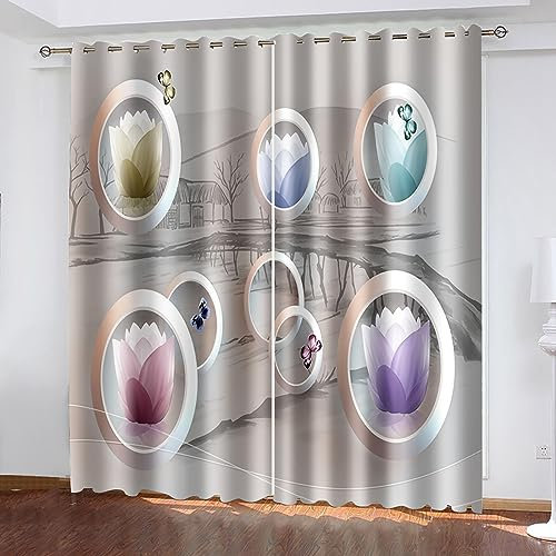 Skcess Curtains, Verdunkelungsvorhänge Grau Rosa Phalaenopsis Vorhang Polyester Gardinen 2er Set 132x274cm(WxH)