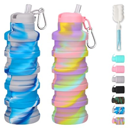 LIZADIN Borraccia pieghevole con cannuccia, senza BPA, da viaggio, in silicone, con moschettone, riutilizzabile, pieghevole, portatile, leggera, per palestra, campeggio, escursionismo (rosa