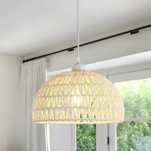 Pheashine Suspension Luminaire Rotin Boho,Lampe Suspendue Hauteur Réglable, Lustre Abat-jour en Rotin, E27 Suspension pour Cuisine Chambre Salon Café-bar, Blanc