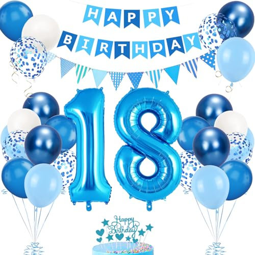 18. Geburtstag Deko Blau, Luftballon 18. Blaue, Geburtstagsdeko 18 Jahr, Junge 18 jahre Luftballon deko Blau, Zahl 18 Helium Luftballons Tortendeko Blau Weiß Ballons für Geburtstag Party Deko