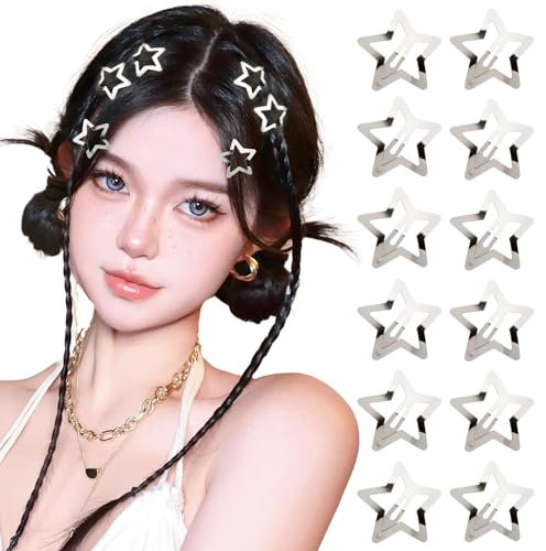 12pcs Barrettes Etoile Pinces cheveux à Pression 3cm Y2k Etoiles en Métal Argentée Anti-Dérapant pour Coiffure Femme Fille