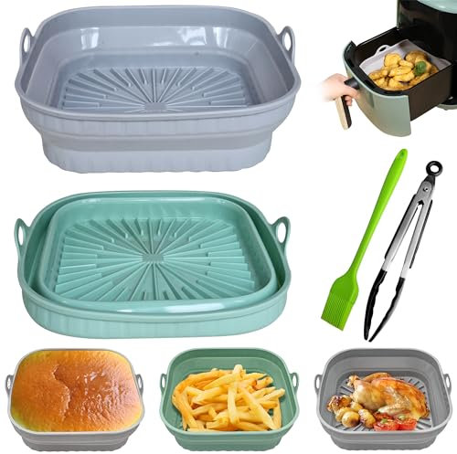 YSANCOR ®️ 2 Moldes Silicona Freidora de Aire Plegables Reutilizables + Pinzas Cocina + Pincel Repostería | Accesorios Freidora de Aire | Moldes para Freidora de Aire | Silicona Airfryer (Verde+Gris)