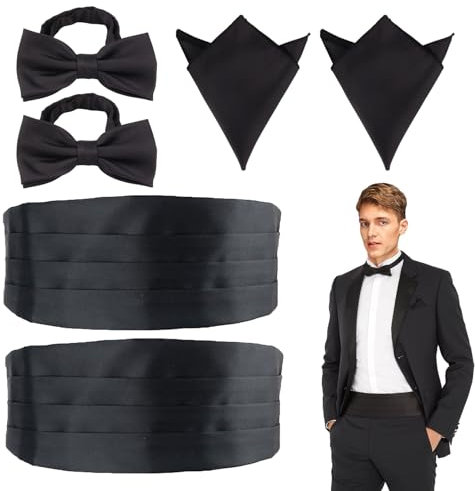 FUIPVGI 6 Stücke Herren Kummerbund Fliege Einstecktuch, Verstellbare Kummerbund Fliege Set, Einstecktuch Fliege Herren Kummerbund Schwarz mit Fliege für Feierliche Anlässe (Schwarz)