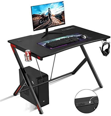 GLigeT Bürotisch 45'' großer Gaming-Schreibtisch, PC-Laptop-Schreibtisch mit K-förmigen verstellbaren Füßen, ergonomische Gamer-Workstation mit Getränkehalter und Kopfhörerhaken PC-Tisch