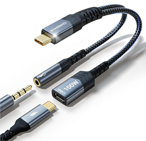 KiwiBird usbc to jack, adaptador usb c a jack 3.5 mm tipo c carga rapida PD 100W adaptador auriculares compatible con iPhone 16 15 Plus Pro MAX iPad Pro Air Mac Galaxy S25 S24 Ultra A53 micrófono