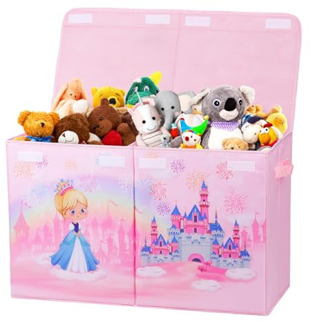 Decalsweet Princess Castle Kids Large Toy Storage Box with Lid,Foldable Oxford Toy Storage Organizer Box for Girls-65×30×40cm-Toy Chest with Handles for Bedroom Nursery