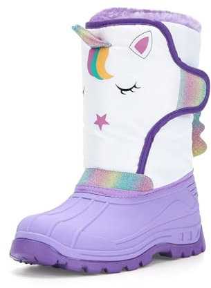 FUNCOO PLUS Thermo Wasserdichte Mädchen Stiefel,Anti-Rutsch Warme Schuhe,Winter Im Freien Gummistiefel Kinder ,Lila Einhorn Stiefel 30