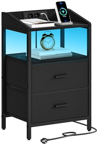 Hzuaneri Nachttisch mit LED-Leuchten und Ladestation, Beistelltisch mit 2 Stoff-Schubladen und Regalen, mit USB-Anschlüssen & Steckdosen, für Schlafzimmer, Wohnzimmer, Schwarz NS36104B