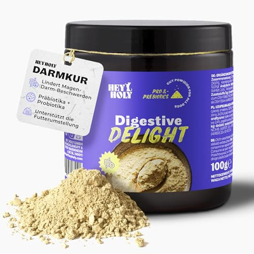HEY HOLY Premium Digestive Delight | Darmkur für Hunde als Pulver | 200g Probiotika und Präbiotika für die Magen Darmflora & Verdauung des Hundes | Hochverträglich aus natürlichen Zutaten