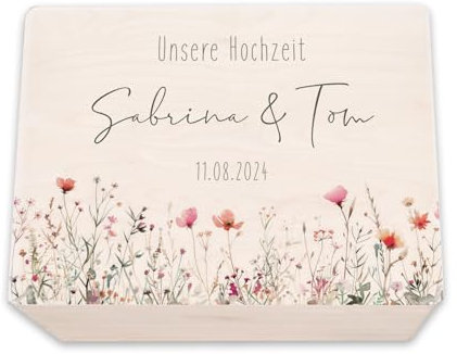 hellomini Personalisierte Erinnerungskiste aus Holz - Geschenk zur Hochzeit | Individuell mit Namen & Datum - Hochzeitsgeschenk/Hochzeitskiste (Blumenwiese, M: 40x30x14cm)