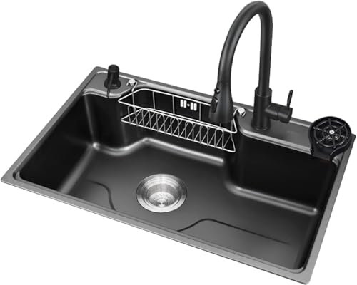 ZHENCHAO Lavandino della Cucina. con Rubinetto Estraibile, gocciolatoio di Grande Diametro, lavello Nano, lavello da Cucina in Acciaio Inossidabile a Vasca Singola sottopiano con Accessori