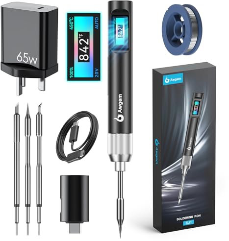Awgem 100W Portable Soldering Iron Kit, 2S Fast Heating (390°F-840℉), 3 Tips (C245), Automatic Temperature Adjustment, Smart Pen for Precision Repair