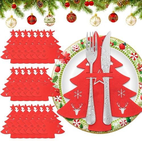 VEVOQIM 20 Stück Besteckhalter Weihnachten Filz, Bestecktasche Weihnachten Besteckbeutel Weihnachtsbaum Tischdeko, Weihnachts Messer Gabeln Löffel Geschirr Besteck Taschen für Party Tisch
