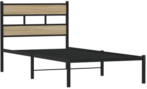 vidaXL Metallbett, Bett ohne Matratze, Bettgestell Bettrahmen mit Lattenrost Kopfteil, Einzelbett für Schlafzimmer, Sonoma-Eiche 90x200cm