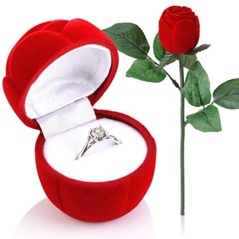 Denash Scatola per Anelli a Forma di Rosa Rossa Proposta Romantica per Gioielli per Fidanzamento e Matrimonio, Fodera Morbida con Protezione Rigida