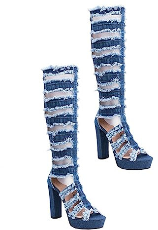 VALICLUD 1 Paio sandali alto in denim sandali donna estivi stivali country western summer shoes for women suola scarpe gomma pantofole Sandali a bocca di pesce stivali alla moda Blue