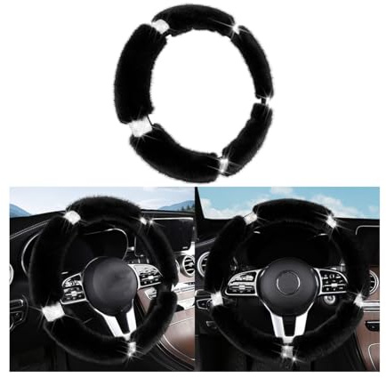 JNNJ Auto Pelz Lenkradabdeckung, Lenkrad-Abdeckungen Plüsch Atmungsaktiv, Diamant-Plüsch-Auto-Lenkradabdeckung Autozubehör, Universal Auto Lenkradbezug Glitzer Bling Plüsch Lenkradhülle(Schwarz)