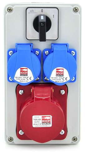Baustromverteiler Wandverteiler komplett verdrahtet | 1x CEE 16A, 2x Schuko 230V, mit 0-1 Schalter, IP65 ABS Gehäuse, für Baustelle & Werkstatt