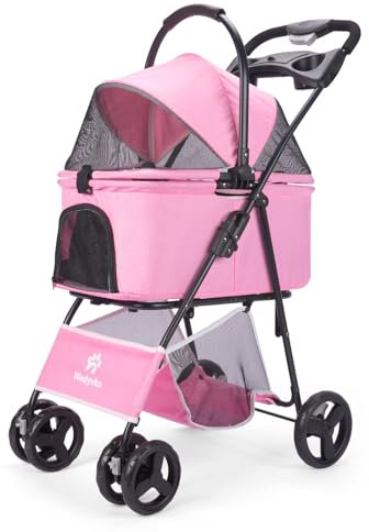 Hundewagen Hundebuggy Faltbar Travel Haustier Kinderwagen Pet Stroller mit Netzfenstern und Aufbewahrungskorb für kleine Mittele Hunde Haustiere Buggy (Rosa)