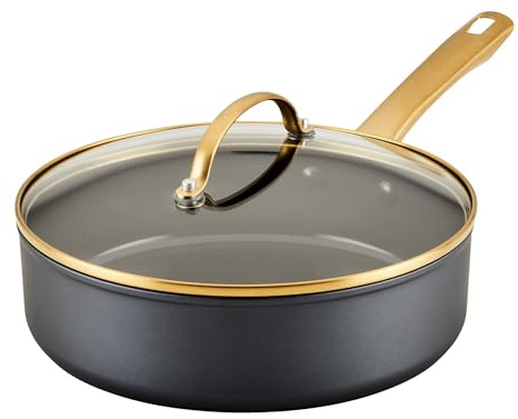 Farberware Forged Induction Ceramic Cookware Nonstick Saute Pan with Lid, Dishwasher Safe, Suitable for All Stovetops, 3 Quart Sauteuse Pan/Jumbo Cooker - Black and Gold