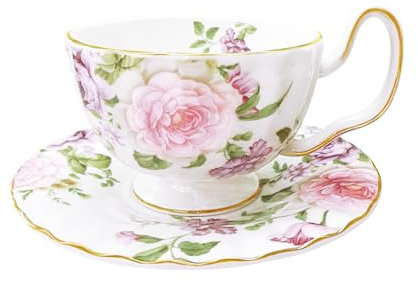 fanquare Pink Peony Floral Cup and Saucer Set of 1, Coffee Cups Ceramic 200ml Vintage Afternoon Tea Cup Gifts for Women