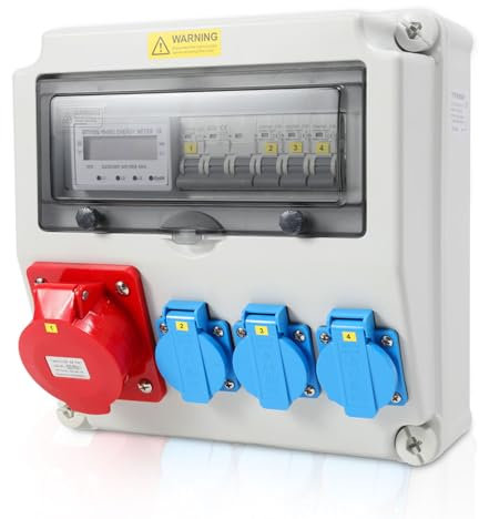 Sonnewelt Wandverteiler mit Stromzähler 3-Phasen und MCB,5 Polig Baustromverteiler mit 3xSchuko-Steckdose und CEE-Steckdose 32A Stromverteiler für Innen und Außen