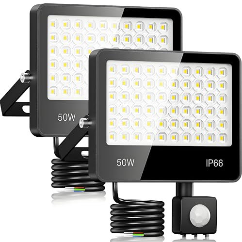 LAMLAMCK Projecteur LED Exterieur Detecteur De Mouvement 50W - 2 PACK 5000LM 6500K Blanc Froid Spot LED Extérieur Detecteur De Mouvement, IP66 Étanche Eclairage Exterieur pour Cours, Jardins, Garages