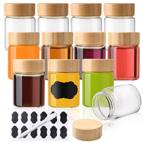 YBCPACK 12 Pack 2oz/60ml Mini Glass Shot Bottles with Bamboo Lids, Reusable Wellness Shots Bottles with Label, Pen, Clear Small Glass Jars for Juice, Ginger(Dishwasher Safe & Leak Proof)