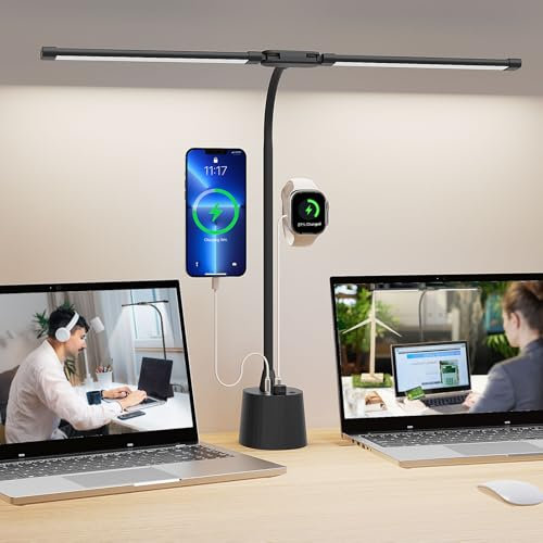 Woputne Desk Lamp with Dual Head & Smart Dual USB Charging Port, 5 Color Modes Dimmable Reading Light, 2600 Lumens 12W Table Lamp for Bedside Office,Study, Crafts, Draw, Adapter Include