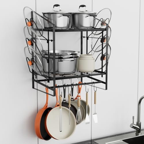 VyGrow 17Inch Pan Stand, 2 Tier Pots and Pans Organiser with 10 Hooks and 6 Pot Lid Holders, Heavy Duty Steel Pot and Pan Hanger for Kitchen Cookware Utensils Storage 24 Lx13 Wx20.5 H