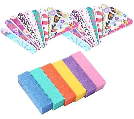 OFFIGAM 1set File Per Unghie Stampati e Blocchi Di Spugna Per Manicure Strumenti Per Ritocco e Lucidatura Unghie Colori Misti