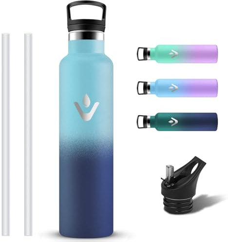 Grsta Botella Agua Acero Inoxidable 1 litro, Reutilizable Cantimplora Aislada sin BPA con Pajita y Filtro, Botella Agua Termica con 2 Tapones, Prueba de Fugas Termo para Hogar, Cámping, Senderismo