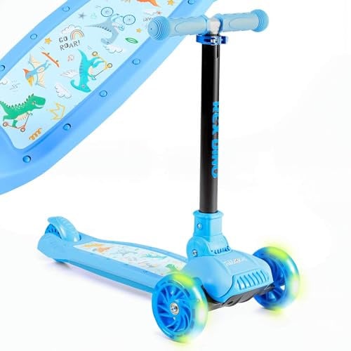 FableKids Kinderscooter Cityroller Tretroller Blau Scooter höhenverstellbar | klappbar | LED-Räder | Tritt-Bremse | für Kleinkinder ab 3 Jahren | bis 50 kg belastbarer Roller | Kickroller