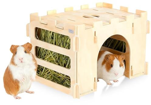 BAIFULAI Heuraufe Meerschweinchen, Heuraufe Kaninchen aus Naturholz, Tunnelburg, Heuraufe für Meerschweinchen aninchen, Chinchilla, Hasen und Hamster, Hasen Zubehör Kaninchen Zubehör,31× 21× 21.5cm