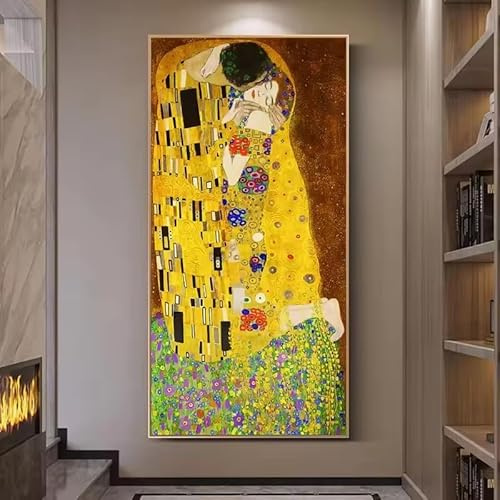 DFZEWKI Klassische Ölgemälde „Der Kuss“ von Gustav Klimt, Druck auf Leinwand, Poster, Drucke, berühmte Wandkunst, Leinwandbilder, Heimdekoration (50 x 100 cm (20 x 39 Zoll) / ohne Rahmen)