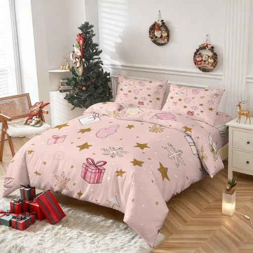 Generisch Bettwäsche 140x200 Rosa Weihnachten Schneeflocke, Weiche Bügelfreie Mikrofaser Bettbezug Set 2tlg, Weihnachts Gold Stern Muster Schlafzimmer Deko, 1 Kissenbezug 70x90, mit Reißverschluss