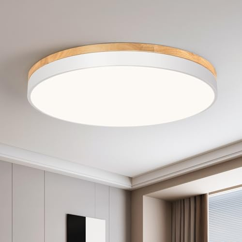 Qamra Deckenlampe, LED Deckenleuchte Holz 50cm, Flach Deckenleuchte Weiß | 48W Rund Lampe für Wohnzimmer Schlafzimmer Küche Flur Esszimmer 4000K