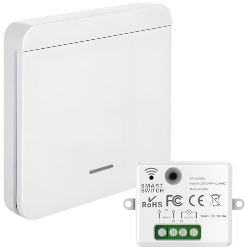 Interrupteur Sans Fil avec Récepteur 10A 240V Interrupteur d’Éclairage Télécommandé Portée 50M Va-et-Vient Radio 433MHz Installation Facile pour lampe jusqu'à 1500W (1 récepteur, 1 commutateurs)