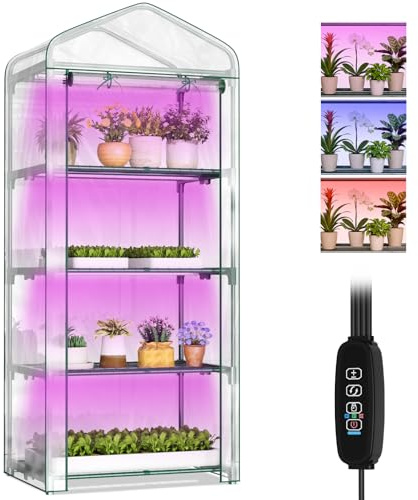 SUNYRISY 4 Etagen Gewächshaus Klein Tomatengewächshaus mit Grow Lampe | Premium Foliengewächshaus mit LED Pflanzenlampe, Pflanzen überwinterungszelt Greenhouse für Balkon, Garten