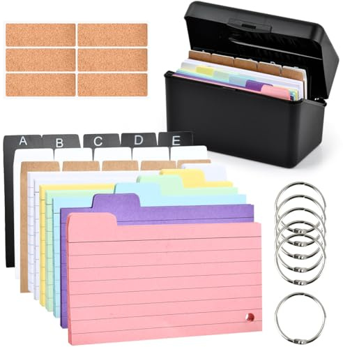 BATINO Karteikarten Box, Karteikasten Schwarz, mit 230 Bunten Verdickten Liniert Karteikarten, 15 Registern, 6 Ringen und 6 Aufklebern, für Unterwegs, Lernen, Notizen, Schule, Büro und Zuhause