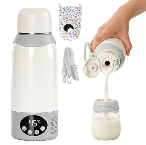 Baby Portable Bottle Warmer for Travel,500ml Cordless Milk Warmer Fast Heating,Precise Temperature Control for Breast Milk & Water,316 Stainless Steel,12000 mAh,LED Display Child Lock USB Charging