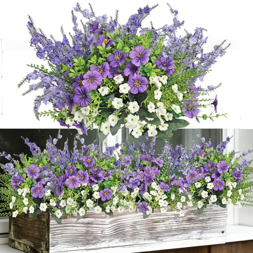 Kunstblumen Wie Echt 18 Stück Frühlingsdeko Outdoor Wetterfest Balkon Deko | Fake Lavendel Blumenstrauß UV-beständig Fensterbank Frühling Gefälschte Blumen Innen Draußen Balkonpflanzen Gräber Garten