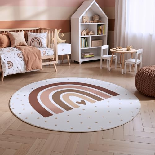 HomebyHome Kinderteppich Regenbogen Spielteppich rund 200 cm für Kinderzimmer in Creme mit Herz Motiv ideal für große Spielflächen