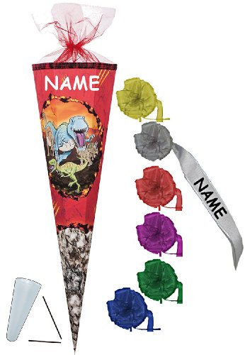 Schultüte - Dinosaurier 22 cm - incl. Namen und individueller Schleife mit Tüllabschluß - Zuckertüte Nestler Dino Dinos Saurier T-Rex Urzeit Urwald