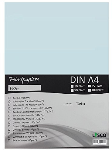 GMUND Transparentpapier DIN A4 Farbe Türkis / LYSCO® Feinstpapierset mit 25 Blatt Inhalt (FPA-124) - bedruckbar, sehr gute Qualität, für Einladungen, als Einlegeblätter für Alben, Fotoalben, Fensterbilder, Bastelarbeiten uvm.
